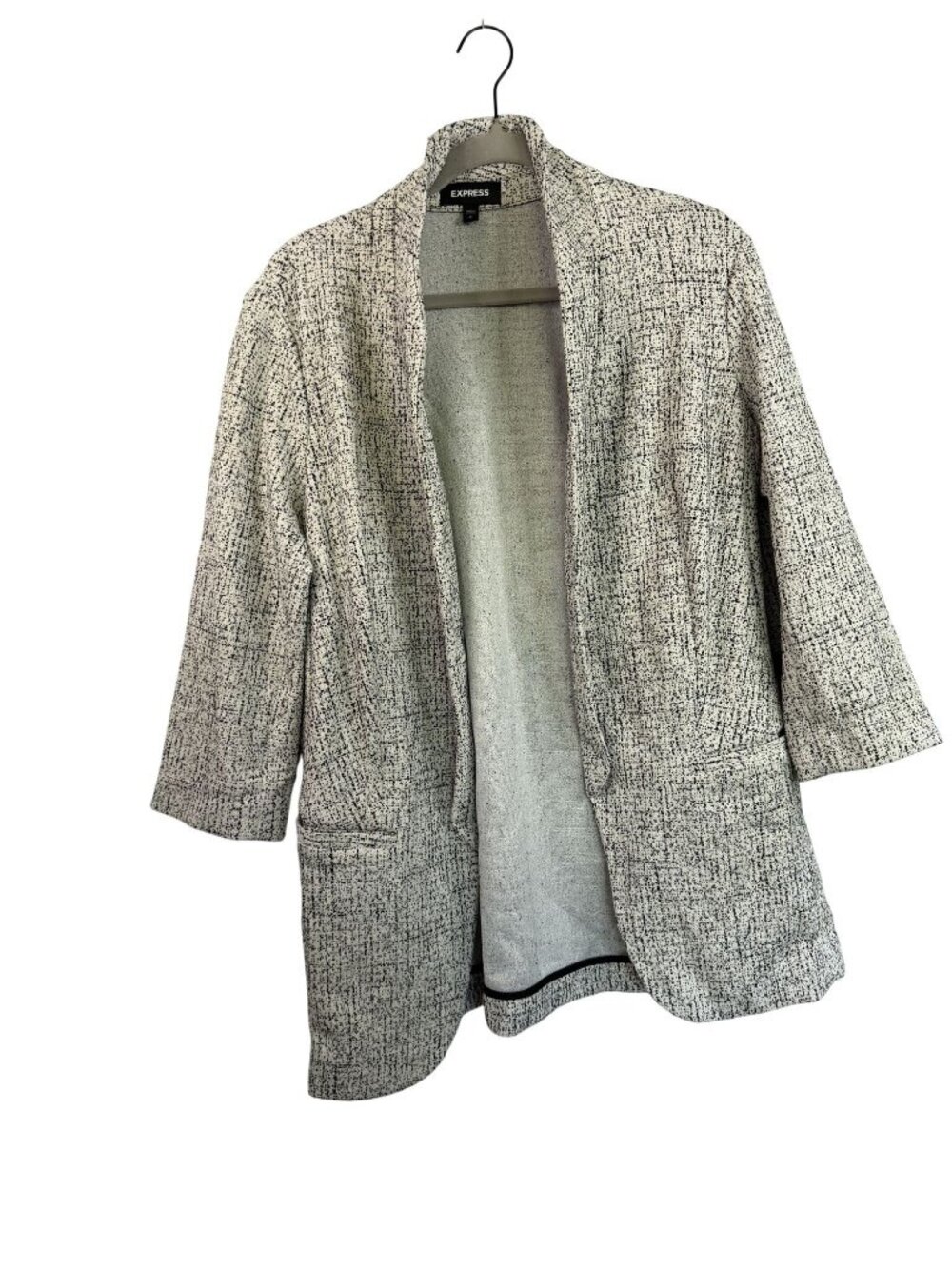 Express Open Front Textured Knit Blazer Jacket Large White Black Long Sleeves